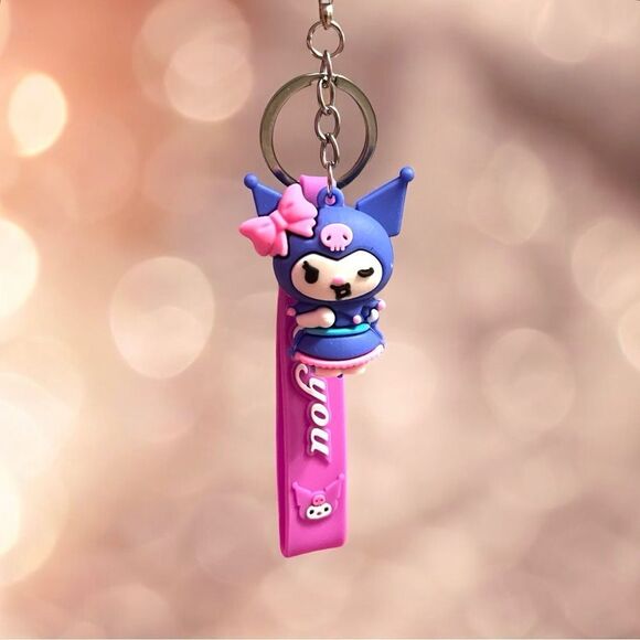 Purple Kuromi Pink Bow Bag Charm Key Chain - Picture 1 of 2
